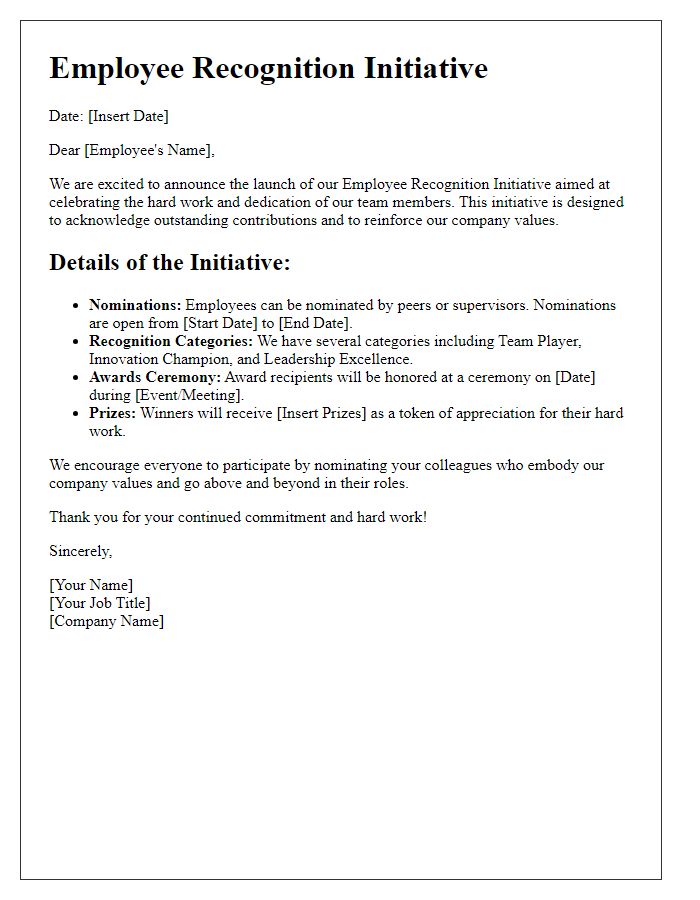 Letter template of employee recognition initiative details