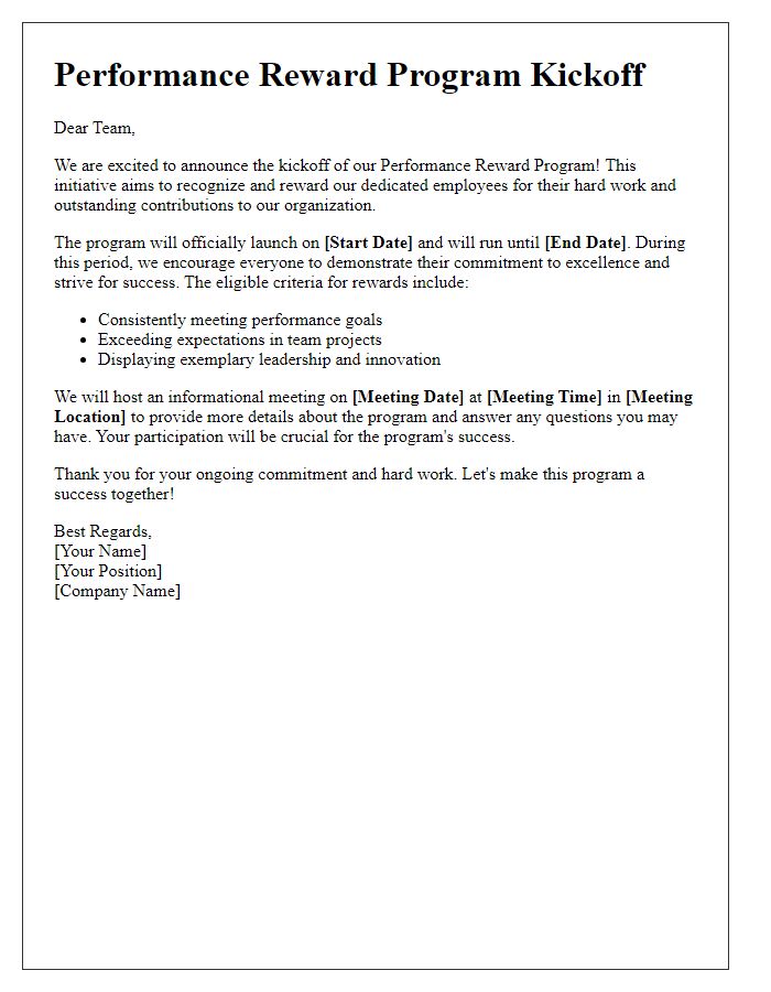 Letter template of performance reward program kickoff