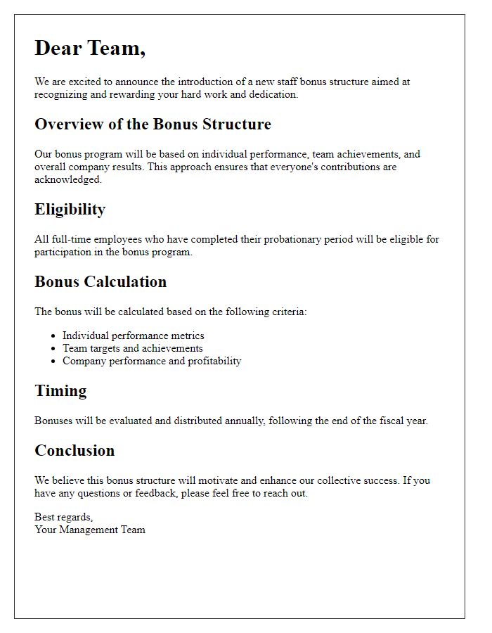 Letter template of staff bonus structure introduction