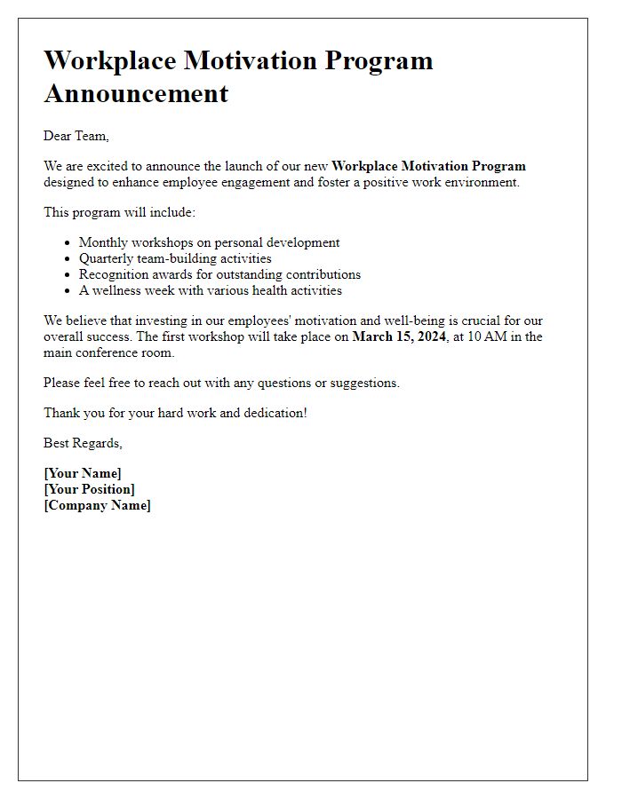 Letter template of workplace motivation program announcement