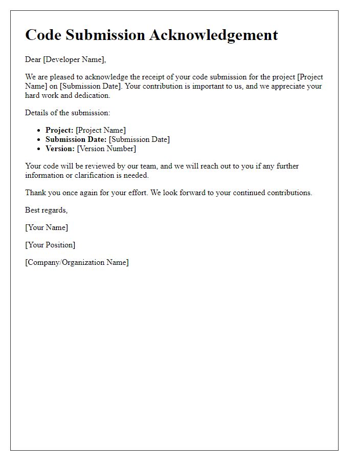 Letter template of acknowledgement for code submissions