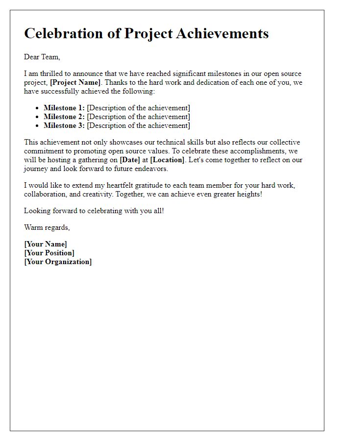 Letter template of celebration for project achievements in open source