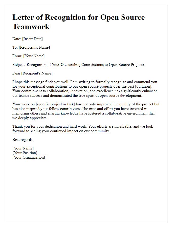 Letter template of recognition for open source teamwork