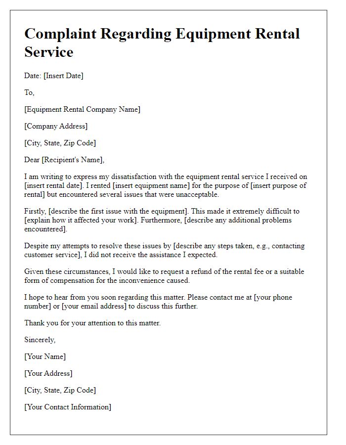 Letter template of equipment rental service complaint