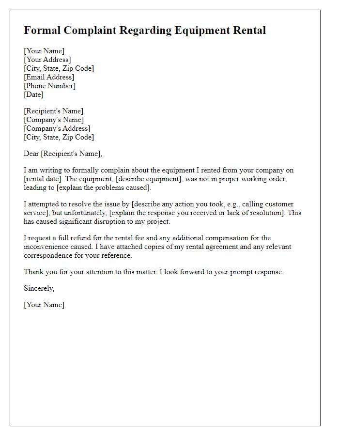 Letter template of formal complaint about equipment rental