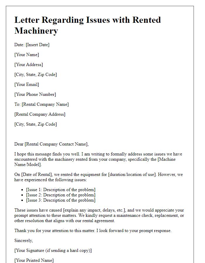 Letter template of issues with rented machinery