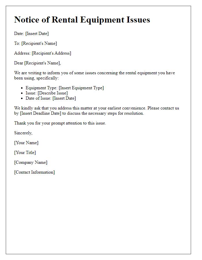Letter template of notice regarding rental equipment issues