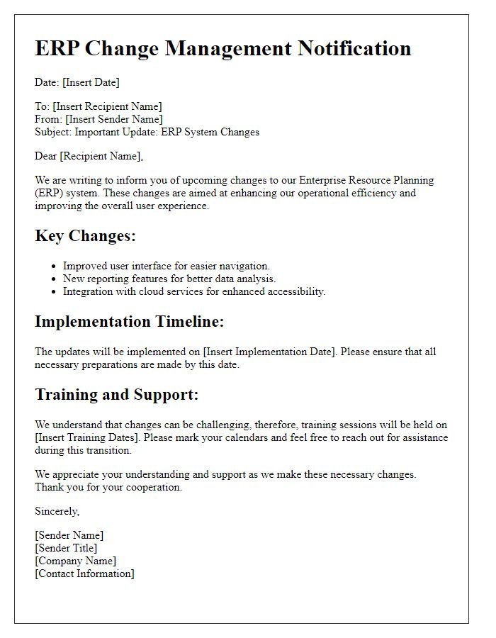 Letter template of ERP change management communication