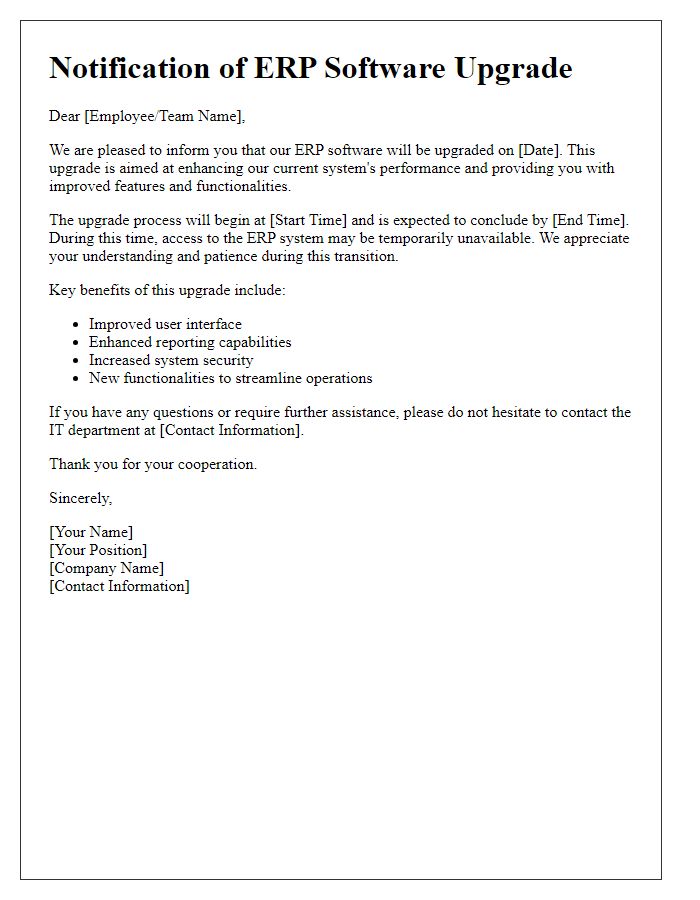 Letter template of ERP software upgrade notification