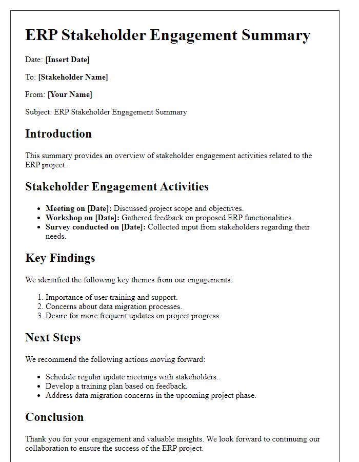 Letter template of ERP stakeholder engagement summary