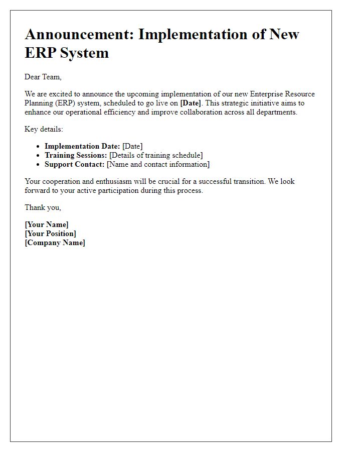 Letter template of ERP system implementation announcement