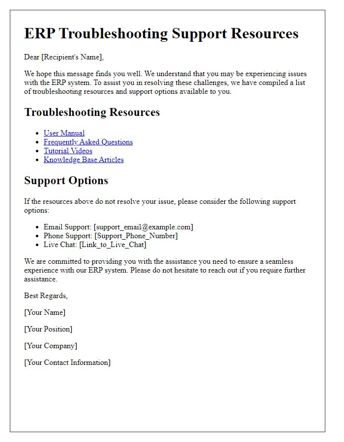 Letter template of ERP troubleshooting support resources