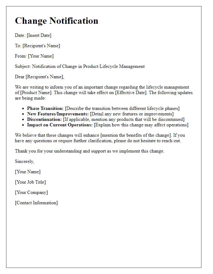 Letter template of product lifecycle management change notification