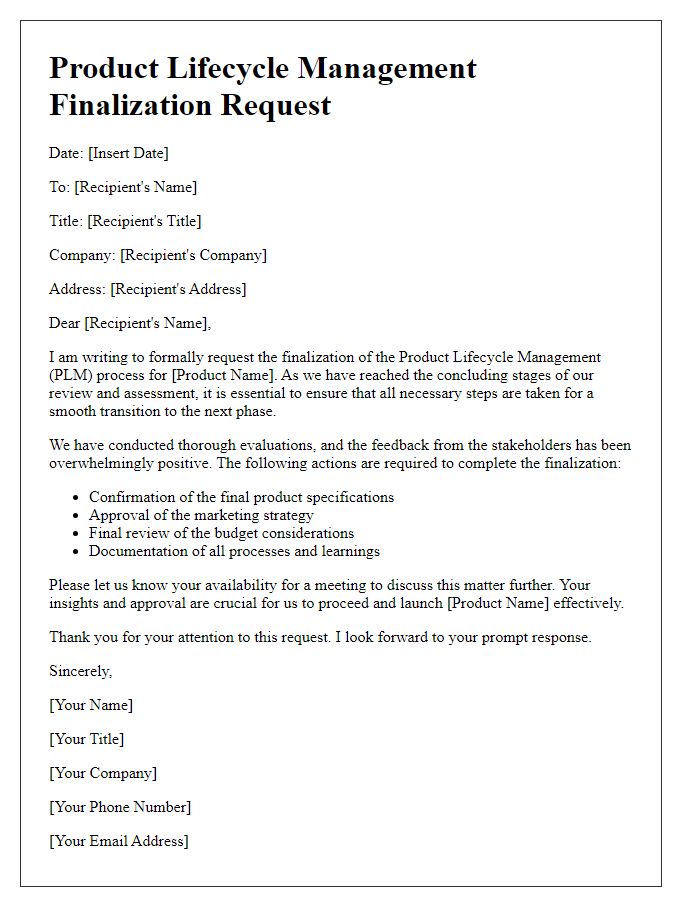 Letter template of product lifecycle management finalization request