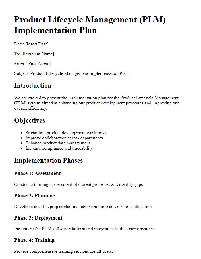 Letter template of product lifecycle management implementation plan