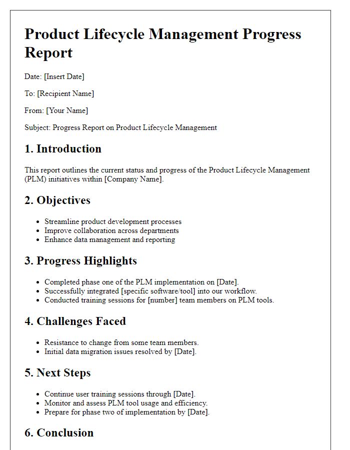 Letter template of product lifecycle management progress report