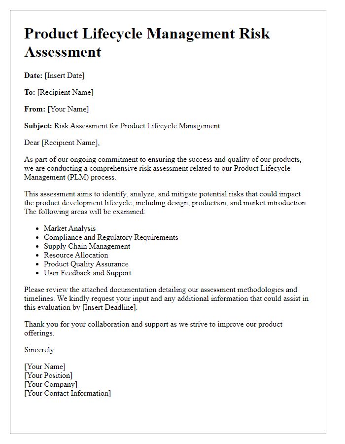 Letter template of product lifecycle management risk assessment