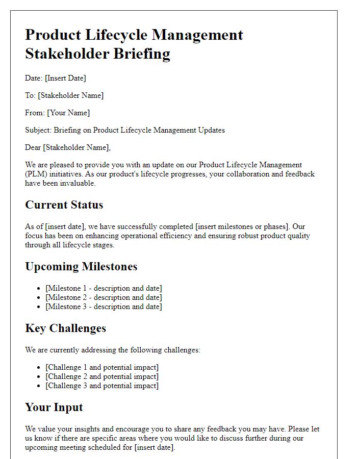 Letter template of product lifecycle management stakeholder briefing