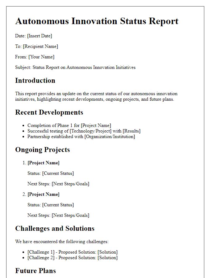 Letter template of autonomous innovation status report