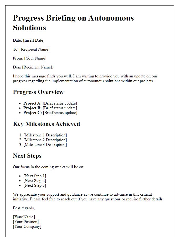 Letter template of autonomous solutions progress briefing
