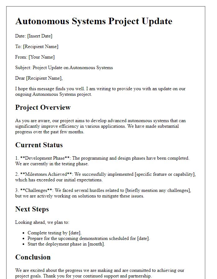 Letter template of autonomous systems project update