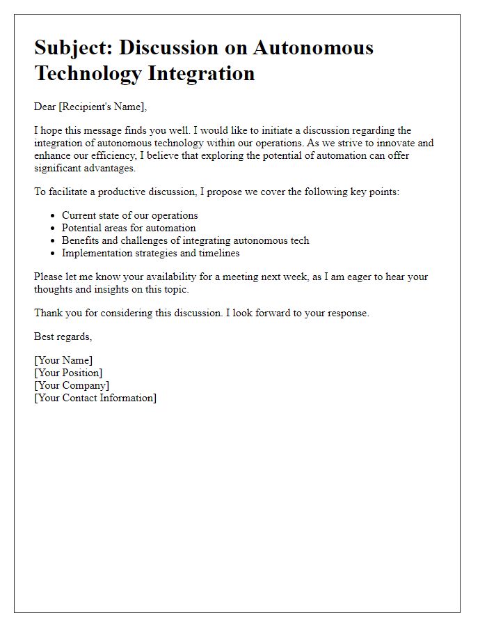 Letter template of autonomous tech integration discussion