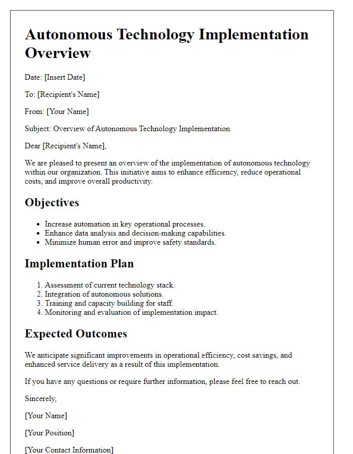 Letter template of autonomous technology implementation overview