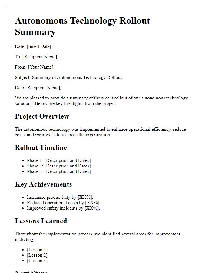 Letter template of autonomous technology rollout summary