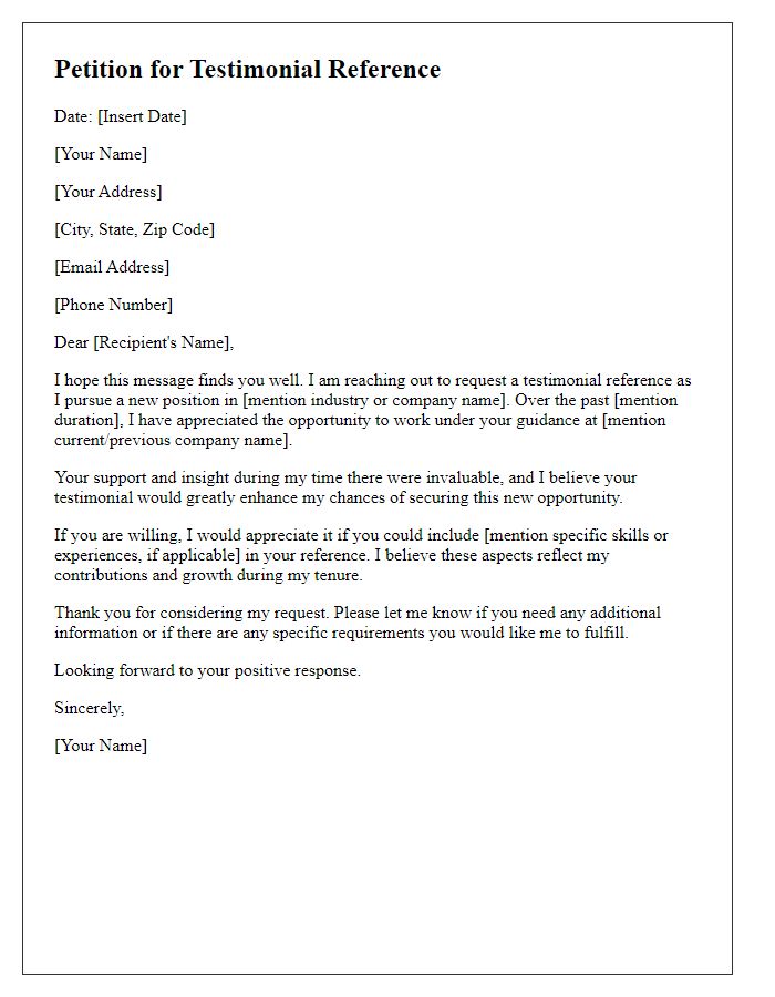 Letter template of petition for testimonial reference for new position