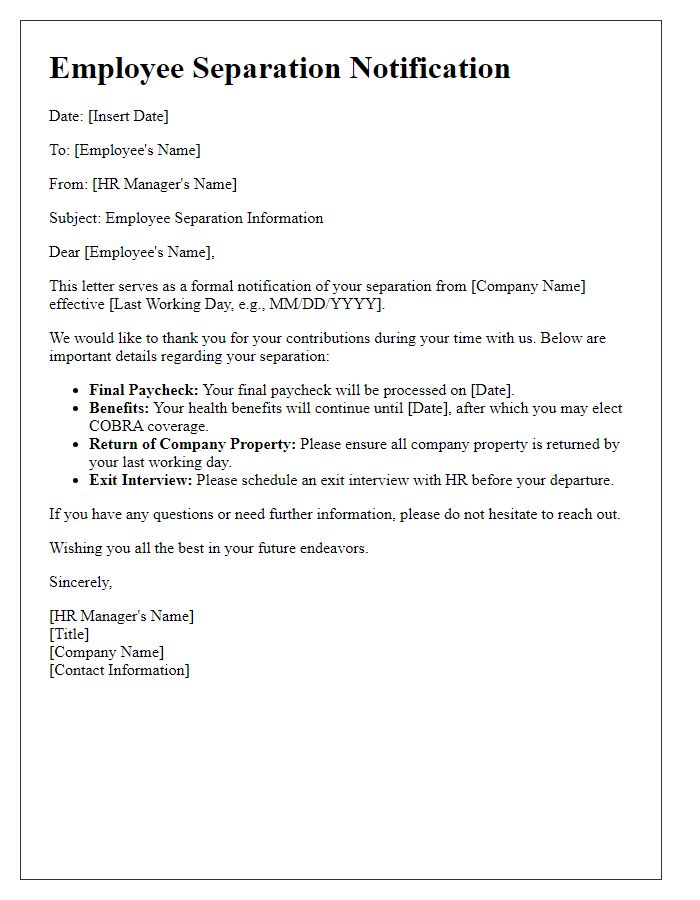 Letter template of employee separation information