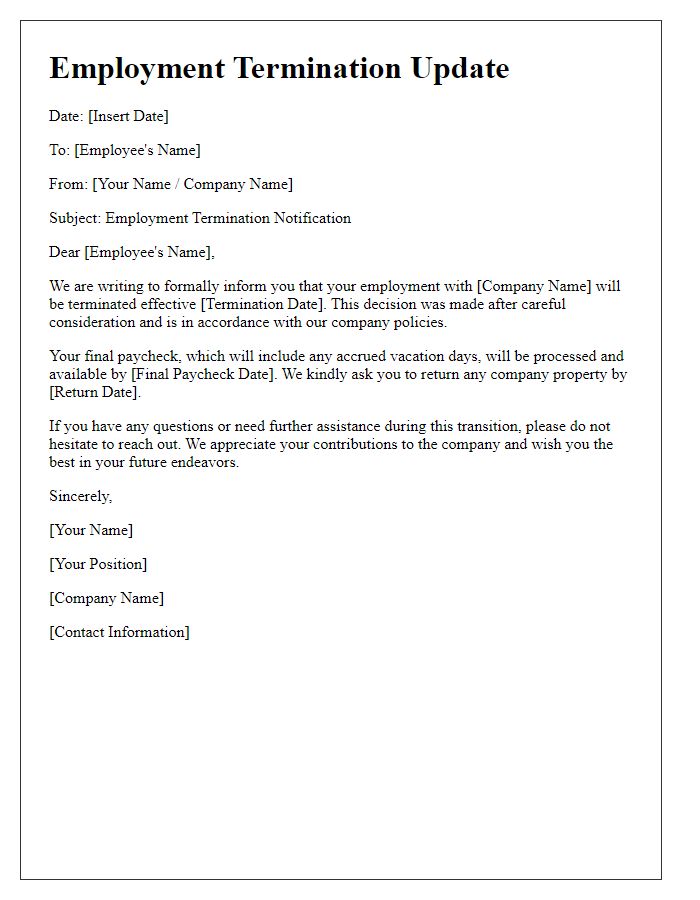 Letter template of employment termination update