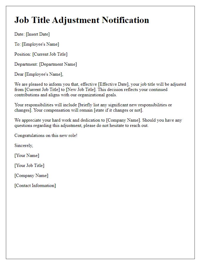 Letter template of job title adjustment communication.