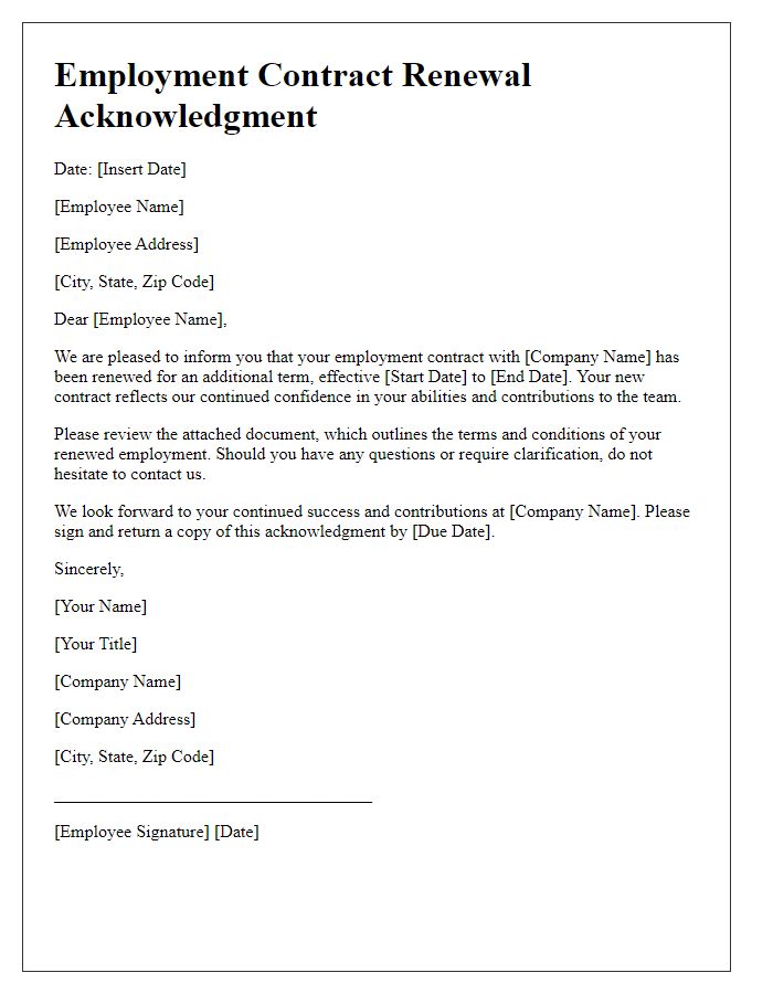 Letter template of employment contract renewal acknowledgment