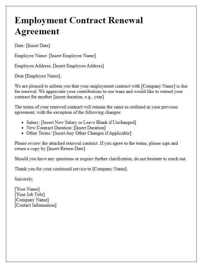 Letter template of employment contract renewal agreement