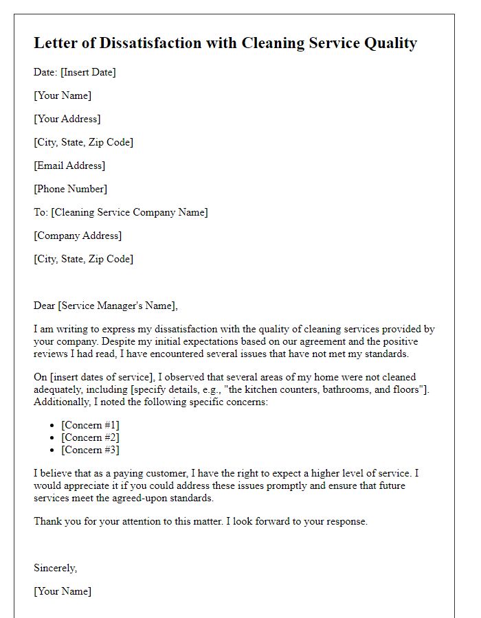 Letter template of dissatisfaction with cleaning service quality.