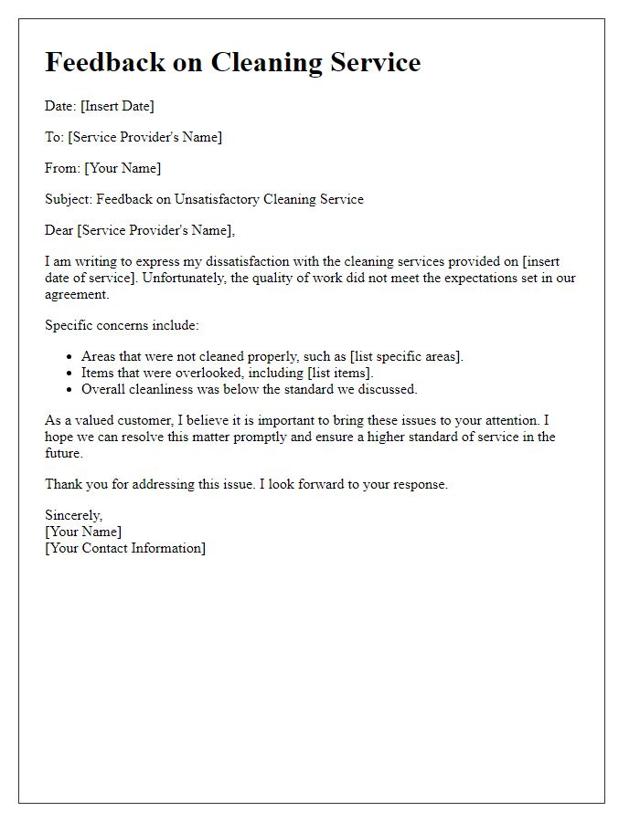 Letter template of feedback on unsatisfactory cleaning service.