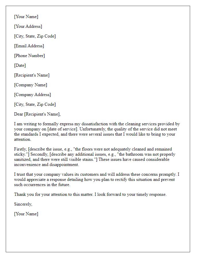 Letter template of formal complaint regarding cleaning service issues.