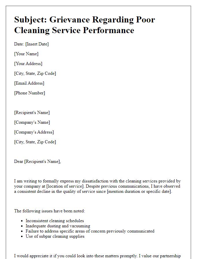 Letter template of grievance against poor cleaning service performance.