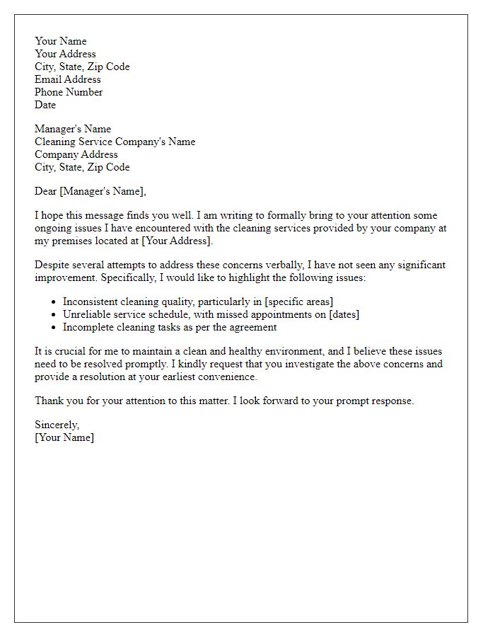 Letter template of request for resolution of cleaning service problems.