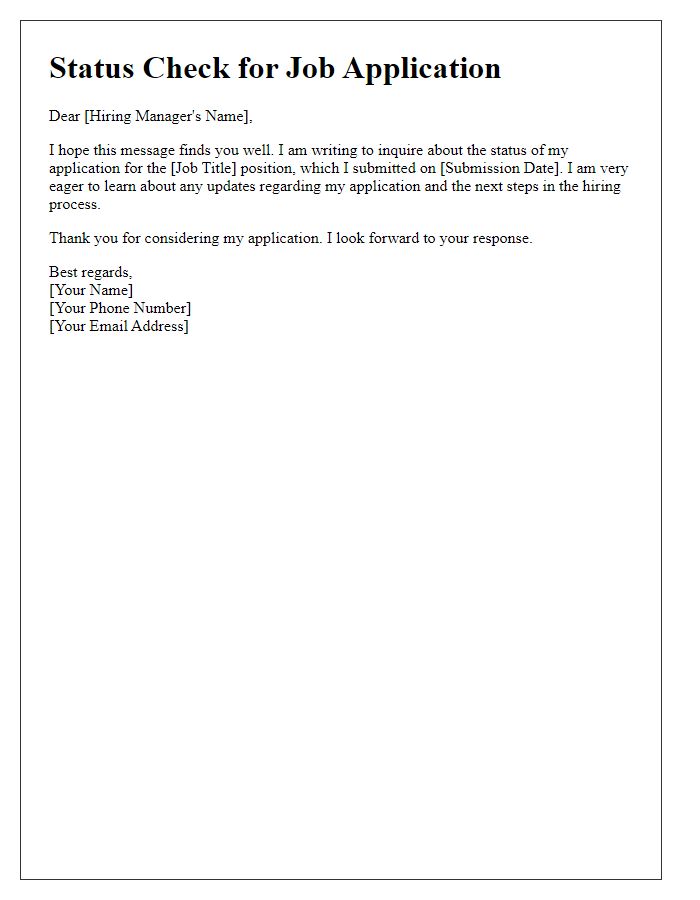 Letter template of status check for recent job application