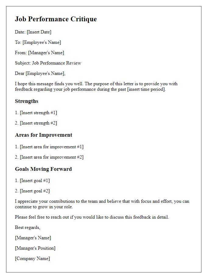 Letter template of job performance critique