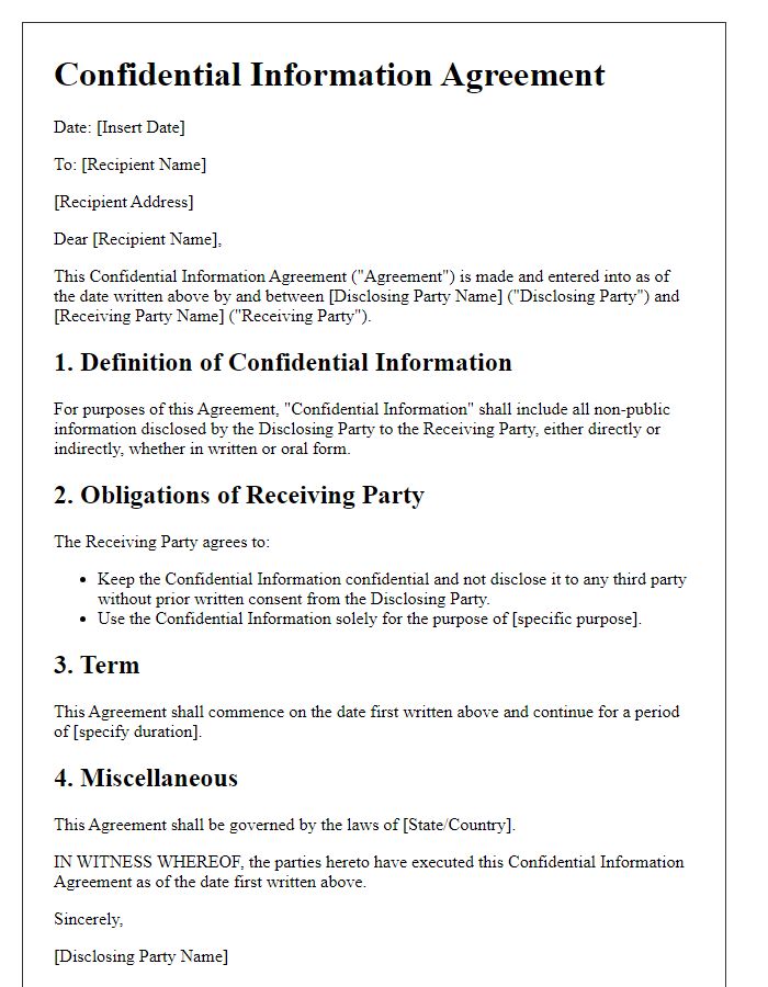 Letter template of Confidential Information Agreement