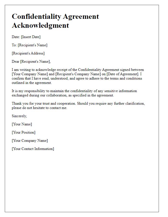 Letter template of Confidentiality Agreement Acknowledgment