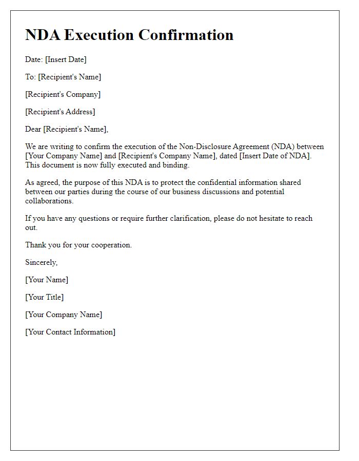 Letter template of NDA Execution Confirmation