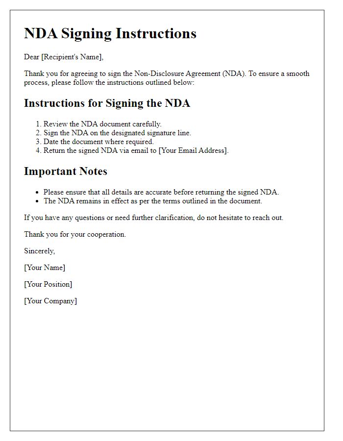 Letter template of NDA Signing Instructions