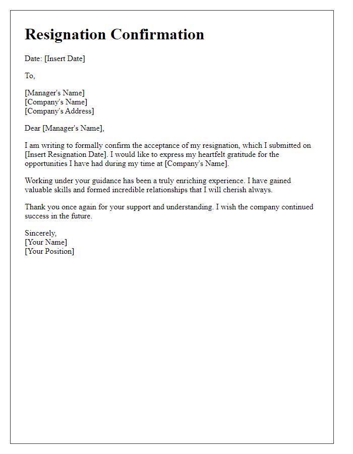 Letter template of resignation confirmation with gratitude expressed