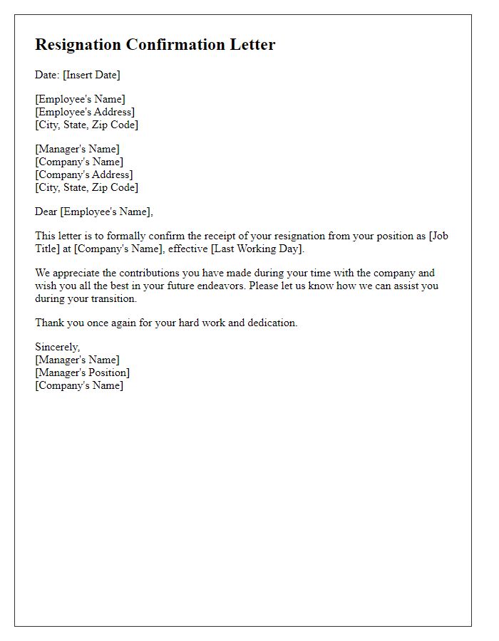 Letter template of resignation confirmation for a managerial position