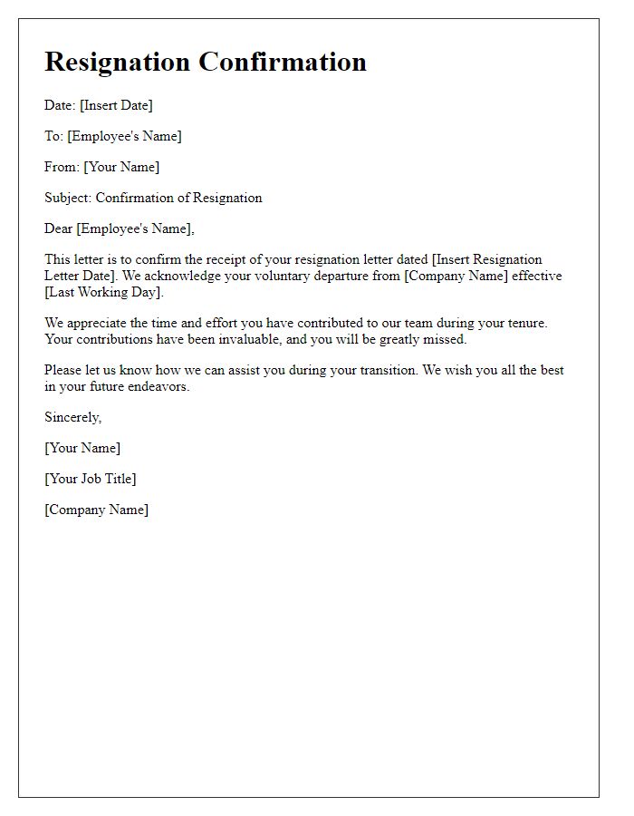 Letter template of resignation confirmation for a voluntary departure