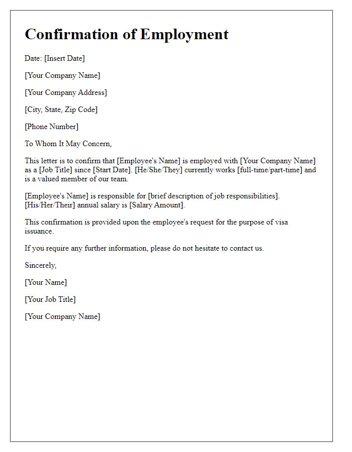 Letter template of confirmation of employment for visa issuance.