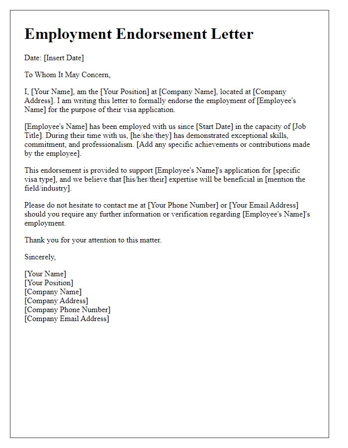 Letter template of employment endorsement for visa purposes.